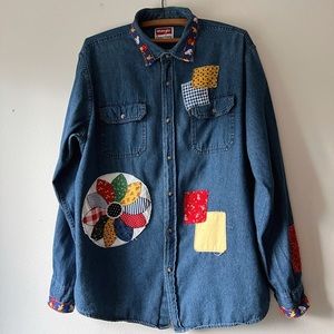 Handmade‎ patchwork denim long sleeve button up shirt wildlife mushroom frog L